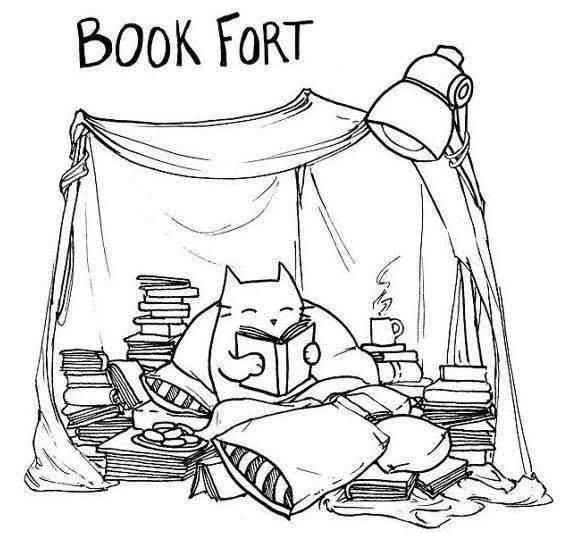 A cat is sitting in a cozy, comfortable pillow fort filled with books.