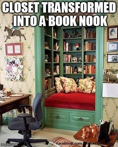 A closet that has been transformed into a book nook.