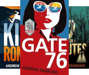 Freddy Ferguson | JUST KINDLE BOOKS Book cover for Gate 76 by Andrew Diamond featuring a red portrait of a woman in sunglasses and a blue background with bold white title text