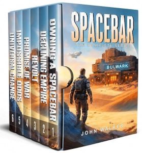Spacebar | JUST KINDLE BOOKS Boxed set of Spacebar complete series with desert scifi scene on cover and a character walking toward a neon BulwarK sign