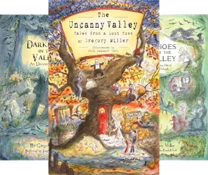 The Uncanny Chronicles | JUST KINDLE BOOKS Cover of 'The Uncanny Valley Tales from a Lost Town' by Gregory Miller featuring a large tree with a door in its trunk and villagers around a colorful autumn scene