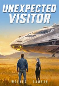 Unexpected Visitor | JUST KINDLE BOOKS Book cover for 'Unexpected Visitor' a man and a woman stand in a desert field as a large silver spaceship looms overhead at sunset